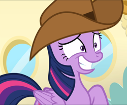 Size: 1132x939 | Tagged: safe, screencap, twilight sparkle, alicorn, pony, g4, once upon a zeppelin, cowboy hat, cropped, faic, fake smile, female, hat, mare, smiling, solo, twilight sparkle (alicorn), wide eyes