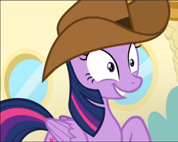 Size: 1176x942 | Tagged: safe, screencap, twilight sparkle, alicorn, pony, g4, once upon a zeppelin, cowboy hat, cropped, female, hat, smiling, solo, twilight sparkle (alicorn)