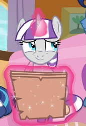 Size: 487x712 | Tagged: safe, screencap, twilight velvet, pony, g4, once upon a zeppelin, cropped, cute, female, glowing horn, horn, levitation, magic, paper, sitting, smiling, solo, telekinesis