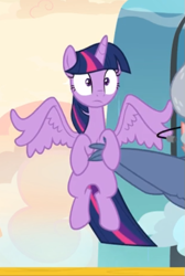 Size: 407x604 | Tagged: safe, screencap, iron will, twilight sparkle, alicorn, minotaur, pony, g4, once upon a zeppelin, carrying, cropped, female, holding a pony, solo focus, spread wings, twilight sparkle (alicorn), wings