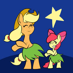 Size: 576x576 | Tagged: safe, artist:pembroke, apple bloom, applejack, earth pony, pony, g4, adorabloom, apple sisters, bipedal, bow, clothes, cowboy hat, cute, duo, duo female, eyes closed, female, freckles, grass skirt, hat, hula, hula dance, hulabloom, hulajack, jackabetes, sibling love, siblings, sisterly love, sisters, skirt, smiling, stars, stetson