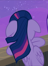 Size: 692x939 | Tagged: safe, screencap, twilight sparkle, alicorn, pony, g4, once upon a zeppelin, cropped, female, floppy ears, rear view, solo, twilight sparkle (alicorn), windswept mane