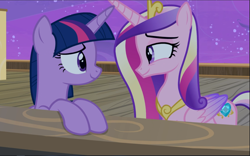 Size: 1505x942 | Tagged: safe, screencap, princess cadance, twilight sparkle, alicorn, pony, g4, once upon a zeppelin, cropped, duo, female, looking at each other, sisters-in-law, smiling, twilight sparkle (alicorn)