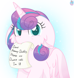 Size: 1436x1520 | Tagged: safe, artist:rainbow eevee, princess flurry heart, alicorn, pony, g4, blue eyes, blue glow, cheek fluff, cute, daaaaaaaaaaaw, divorce, female, floppy ears, flurrybetes, hair over eyes, hnnng, implied princess cadance, implied shining armor, looking at you, mouth hold, note, paper, rainbow eevee is trying to murder us, sad, simple background, solo, text, transparent background