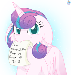 Size: 1436x1520 | Tagged: safe, artist:rainbow eevee, princess flurry heart, alicorn, pony, g4, blue eyes, blue glow, cheek fluff, cute, daaaaaaaaaaaw, divorce, female, floppy ears, flurrybetes, hair over eyes, hnnng, implied princess cadance, implied shining armor, looking at you, mouth hold, note, older, older flurry heart, paper, rainbow eevee is trying to murder us, sad, simple background, solo, text, transparent background