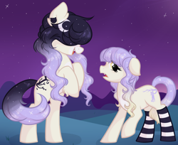 Size: 1092x889 | Tagged: safe, artist:mvnchies, oc, oc only, earth pony, pony, clothes, duo, earth pony oc, ethereal mane, night, open mouth, raised hoof, rearing, socks, starry mane, stars, striped socks