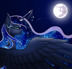 Size: 2400x2300 | Tagged: safe, artist:margo24, artist:minelvi, princess luna, alicorn, pony, g4, collaboration, ethereal mane, female, full moon, galaxy mane, high res, horn, horn jewelry, jewelry, looking at you, mare, mare in the moon, moon, night, profile, rear view, regalia, shooting star, sky, slit pupils, solo, spread wings, starry mane, starry night, stars, wings