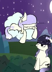 Size: 2550x3507 | Tagged: safe, artist:theadorkablenerd, oc, oc only, earth pony, pony, cloud, duo, earth pony oc, ethereal mane, full moon, high res, looking up, moon, night, on a cloud, sleeping, starry mane, stars