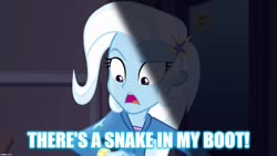 Size: 1280x720 | Tagged: safe, edit, edited screencap, screencap, trixie, equestria girls, equestria girls series, g4, rarity investigates: the case of the bedazzled boot, caption, female, image macro, meme, rarity investigates (eqg): trixie, reference, solo, text, toy story