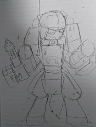 Size: 1080x1440 | Tagged: safe, artist:omegapony16, oc, oc only, pony, armor, bipedal, helmet, lineart, lined paper, rocket launcher, solo, traditional art