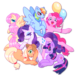 Size: 900x881 | Tagged: safe, artist:confettiwater, applejack, fluttershy, pinkie pie, rainbow dash, rarity, twilight sparkle, earth pony, pegasus, pony, unicorn, g4, balloon, bipedal, colored hooves, cowboy hat, cute, female, hat, looking at you, mane six, mare, open mouth, prone, simple background, transparent background, unicorn twilight