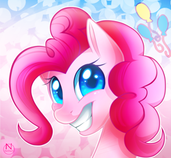 Size: 2541x2350 | Tagged: safe, artist:n-steisha25, pinkie pie, earth pony, pony, g4, abstract background, bust, cute, cutie mark, diapinkes, female, grin, high res, looking at you, mare, portrait, smiling, solo, squee