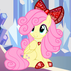 Size: 1200x1200 | Tagged: safe, artist:katya, artist:slb94, edit, editor:katya, fluttershy, pegasus, pony, alternate hairstyle, bow, cute, eyeshadow, female, hair bow, hearts and hooves day, holiday, hoof shoes, jewelry, makeup, mare, necklace, shyabetes, sitting, smiling, solo, valentine's day