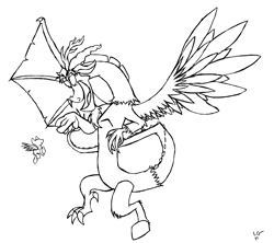 Size: 4424x3920 | Tagged: safe, artist:lucas_gaxiola, discord, draconequus, pegasus, pony, g4, duo, flying, lineart, male, monochrome