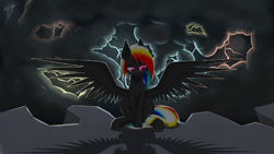 Size: 2560x1440 | Tagged: safe, artist:darky_wings, oc, oc only, oc:darky wings, pegasus, pony, glowing eyes, lightning, night, rock, solo, wings