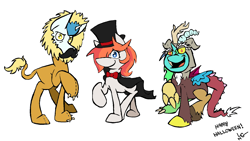 Size: 1510x852 | Tagged: safe, artist:lucas_gaxiola, discord, oc, oc only, big cat, draconequus, earth pony, lion, pony, unicorn, bowtie, clothes, costume, earth pony oc, facial hair, female, hat, horn, lion suit, male, mare, moustache, open mouth, raised hoof, signature, simple background, stallion, top hat, unicorn oc, white background
