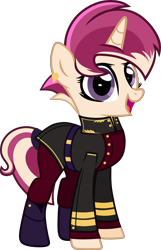 Size: 3000x4647 | Tagged: safe, artist:n0kkun, oc, oc only, oc:general rose blade, pony, unicorn, belt, boots, clothes, coat, ear piercing, earring, female, jewelry, mare, military uniform, multicolored hair, open mouth, piercing, shoes, simple background, socks, solo, tail wrap, transparent background