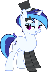 Size: 4000x5942 | Tagged: safe, artist:n0kkun, oc, oc only, oc:melodic dreams, pony, unicorn, icey-verse, bedroom eyes, bow, clothes, ear piercing, earring, eyeshadow, female, grin, hair bow, hat, jewelry, magical lesbian spawn, makeup, mare, multicolored hair, offspring, parent:octavia melody, parent:vinyl scratch, parents:scratchtavia, piercing, simple background, smiling, socks, solo, striped socks, top hat, transparent background