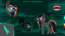 Size: 2880x1600 | Tagged: safe, artist:darky_wings, oc, oc:electy wings, pegasus, pony, cutie mark, glowing eyes, reference sheet