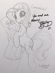 Size: 2392x3189 | Tagged: safe, artist:anearbyanimal, starlight glimmer, g4, body pillow, commission, harmonycon 2020, high res, irl shitposting, karl marx, kelly sheridan, monochrome, sketch