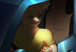 Size: 2784x1916 | Tagged: safe, artist:klooda, anthro, advertisement, car, clothes, colt, commission, detailed, driver, frown, light, male, shirt, stallion, stare, t-shirt, ych example, your character here