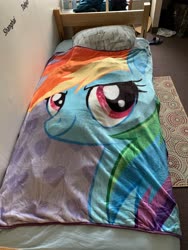 Size: 4032x3024 | Tagged: safe, rainbow dash, pony, g4, bed, blanket, irl, merchandise, photo, solo