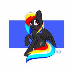 Size: 2160x2160 | Tagged: safe, artist:lazy bread corner, oc, oc:darky wings, pegasus, pony, blue background, cute, fluffy tail, high res, simple background, white background