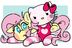 Size: 3000x2000 | Tagged: safe, artist:befishproductions, derpibooru exclusive, fluttershy, pegasus, pony, g4, blush sticker, blushing, clothes, female, heart eyes, hello kitty, hello kitty (character), high res, kitty white, sanrio, socks, solo, striped socks, wingding eyes