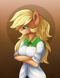Size: 800x1033 | Tagged: safe, artist:tu-kierownik, artist:zizka-von-mikser, applejack, earth pony, anthro, g4, alternate hairstyle, breasts, busty applejack, clothes, crossed arms, equestria girls outfit, female, hatless, loose hair, missing accessory, profile, solo