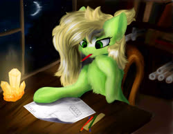 Size: 3720x2893 | Tagged: safe, artist:azzyalder, oc, oc only, earth pony, pony, chest fluff, crystal, high res, home, moon, mouth hold, night, paper, pencil, ruler, solo, window