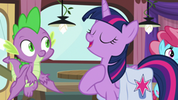 Size: 1920x1080 | Tagged: safe, screencap, cup cake, spike, twilight sparkle, alicorn, dragon, pony, a trivial pursuit, g4, bag, saddle bag, twilight sparkle (alicorn), winged spike, wings