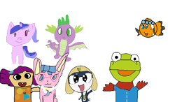 Size: 1074x626 | Tagged: safe, artist:1126jewel5, sea swirl, seafoam, spike, dinosaur, dragon, fish, pony, unicorn, g4, 1000 hours in ms paint, aqua (jewelpet), clownfish, crong, crossover, disney, dolly (toy story 3), female, jewelpet, looking at you, luna (jewelpet), male, mare, pororo, pororo the little penguin, quality, sanrio, sega, simple background, tamama, toy, toy story 3, waving, white background, winged spike, wings