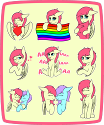 Size: 1500x1801 | Tagged: safe, artist:pegasko, oc, oc:eclipse flight, pegasus, pony, blushing, boop, chest fluff, commission, cute, flag, gay pride flag, heart, holding, hug, noseboop, pegasus oc, pride, pride flag, smiling, sticker, sticker set, tail hold, telegram sticker, wings, your character here