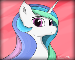 Size: 3840x3072 | Tagged: safe, artist:itssim, princess celestia, pony, g4, abstract background, bust, ear fluff, female, high res, looking at you, mare, portrait, signature, smiling, smiling at you, solo, three quarter view