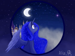 Size: 4096x3072 | Tagged: safe, artist:itssim, princess luna, alicorn, pony, g4, canterlot castle, cloud, constellation, crescent moon, female, high res, looking away, looking up, mare, moon, night, outdoors, signature, solo, spread wings, stars, wings