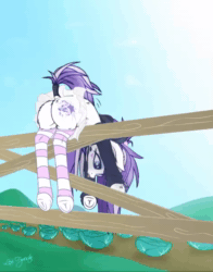 Size: 470x600 | Tagged: safe, artist:lexifyrestar, oc, oc only, oc:lexi fyrestar, pony, unicorn, animated, cabbage, clothes, female, fence, food, herbivore, hoodie, mare, miniskirt, no sound, silly, silly pony, skirt, skirt lift, socks, solo, striped socks, technically an upskirt shot, thigh highs, webm