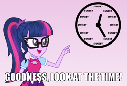 Size: 700x475 | Tagged: safe, artist:wawtoons, sci-twi, twilight sparkle, equestria girls, g4, bowtie, caption, clothes, glasses, image macro, implied lesbian, implied scitwishimmer, implied shipping, implied sunset shimmer, implied sunsetsparkle, look at the time, meme, my little pony logo, pointing, ponytail, skirt, text, twilight sparkle (alicorn), vector