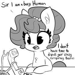 Size: 2250x2250 | Tagged: safe, artist:tjpones, part of a set, oc, oc only, oc:brownie bun, earth pony, pony, chest fluff, dialogue, female, grayscale, high res, mare, monochrome, open mouth, phone, simple background, solo, white background
