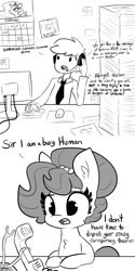 Size: 2250x4500 | Tagged: safe, artist:tjpones, princess luna, twilight sparkle, oc, oc:brownie bun, alicorn, earth pony, human, pony, g4, burger, chest fluff, computer, cute, dialogue, female, food, grayscale, hay burger, horse tech, mare, monochrome, ocbetes, on the internet nobody knows you're a dog, open mouth, phone, simple background, twilight burgkle, twilight sparkle (alicorn), white background