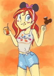 Size: 1024x1431 | Tagged: dead source, safe, artist:pettypop, sunset shimmer, equestria girls, g4, blushing, clothes, disney, disney world, eating, female, food, ice cream, shorts, solo, surprised, tank top