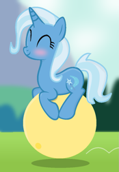 Size: 695x1000 | Tagged: safe, artist:grapefruitface1, artist:twittershy, trixie, pony, g4, base used, blushing, day, exercise, exercise ball, female, outdoors, show accurate, solo