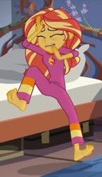 Size: 717x1243 | Tagged: safe, screencap, sunset shimmer, equestria girls, g4, my little pony equestria girls: legend of everfree, bed, clothes, cropped, feet, female, legend of everfeet, pajamas, solo