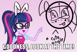 Size: 700x475 | Tagged: safe, alternate version, artist:wawtoons, edit, sci-twi, twilight sparkle, equestria girls, g4, :p, bowtie, bunny ears, caption, clock, clothes, dress, glasses, image macro, infinity, look at the time, meme, my little pony logo, pointing, ponytail, skirt, speech, text, tongue out, twilight sparkle (alicorn), unknown pony, vector