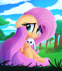 Size: 1734x2000 | Tagged: safe, artist:discorded, angel bunny, fluttershy, pony, g4, angry, cute, digital art, female, floppy ears, hnnng, mare, shyabetes, smiling, tree