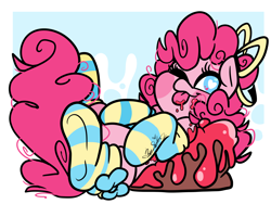 Size: 4000x3000 | Tagged: safe, artist:befishproductions, pinkie pie, earth pony, pony, g4, clothes, cute, diapinkes, female, food, heart eyes, one eye closed, socks, solo, striped socks, tongue out, wingding eyes, wink