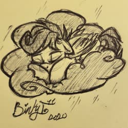 Size: 2361x2361 | Tagged: safe, artist:binkyt11, scootaloo, pegasus, pony, g4, cloud, female, filly, high res, pen, signature, sleeping, solo, sticky note, traditional art