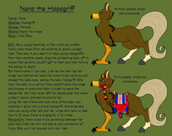 Size: 1412x1112 | Tagged: safe, artist:chili19, oc, oc only, oc:nana, classical hippogriff, hippogriff, duo, female, hippogriff oc, reference sheet, saddle, story included, tack, text, wingless