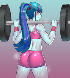 Size: 800x880 | Tagged: safe, artist:tzc, part of a set, sonata dusk, equestria girls, g4, anime, ass, barbell, blushing, butt, clothes, compression shorts, female, gym uniform, looking at you, looking back, looking back at you, midriff, muscles, ponytail, smiling, solo, sonata donk, sports bra, sweat, weight lifting, weights, workout, workout outfit