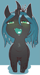 Size: 473x888 | Tagged: safe, artist:cold-blooded-twilight, edit, queen chrysalis, changeling, changeling queen, g4, abstract background, blushing, cropped, cute, cutealis, female, filly, filly queen chrysalis, heart tongue, looking up, quadrupedal, smug, solo, suggestive description, younger