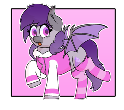 Size: 1087x959 | Tagged: safe, artist:retro_hearts, oc, oc only, oc:lilac lily, bat pony, pony, :p, clothes, cute, freckles, happy, hoodie, looking at you, simple background, smiling, socks, solo, striped socks, tongue out, transparent background